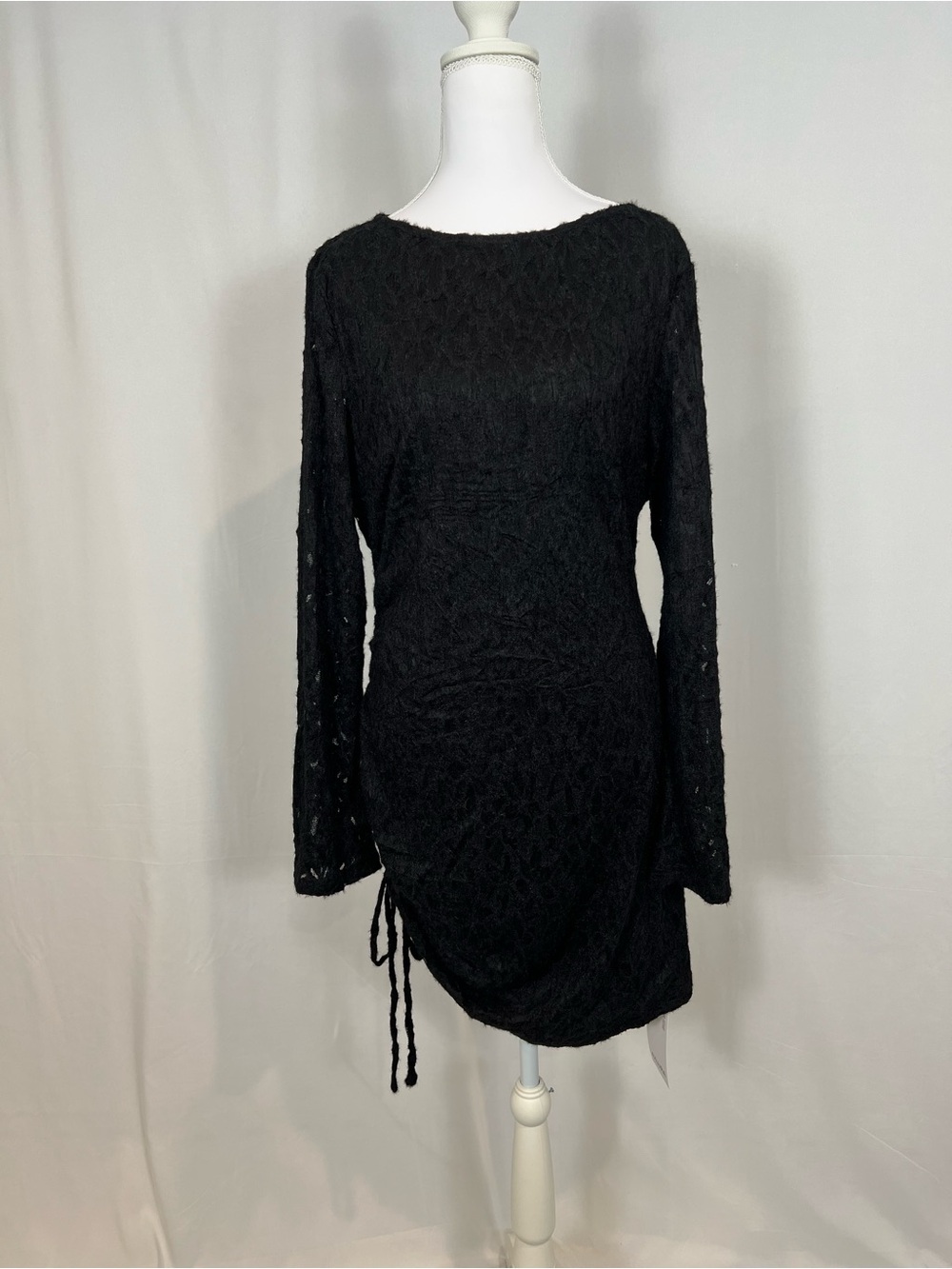 Long-Sleeve Black Lace Knit Dress with Side Ruched Tie